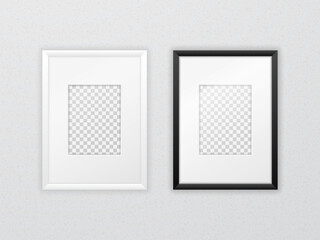 Pair black and white frames hanging on the wall. Vertical rectangular frame template with empty space for photo, image or poster. Interior decoration mockup. Realistic vector illustration