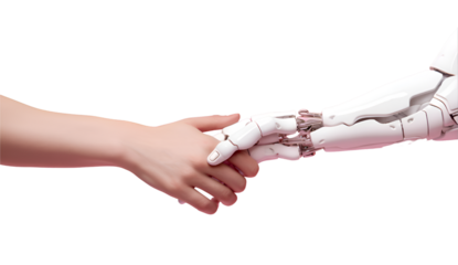 white robotic hand reaching out to touch a human hand on isolated transparent background