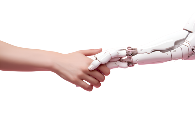 white robotic hand reaching out to touch a human hand on isolated transparent background
