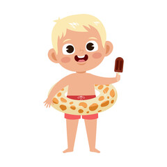 Child with inflatable ring and ice-cream flat vector illustration. Happy cartoon boy on vacation. Summer concept