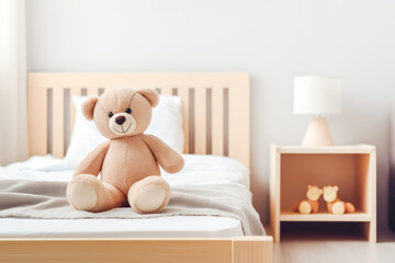 Beige plush bear sits on bed in neutral boy`s or girl`s room. Generative AI. 