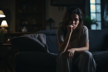Generative by AI. Sad woman suffering depression insomnia awake and sit alone in the living room. sexual harassment and violence against women, health concept. - obrazy, fototapety, plakaty