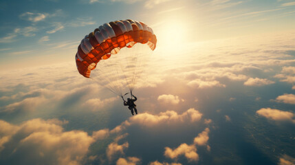 skydiver flies over the clouds against the bright background of the evening sun generative ai