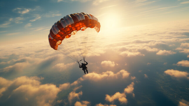 skydiver flies over the clouds against the bright background of the evening sun generative ai