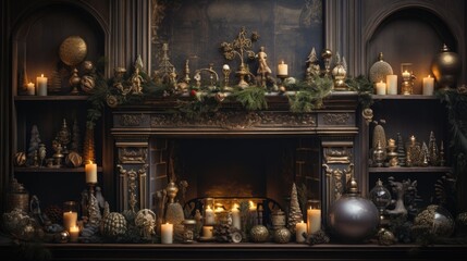 tinsel draped gracefully across a fireplace mantel fireplace with christmas decorations