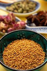 Mustard seeds and other spices. Top view.