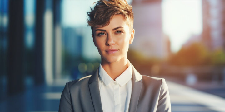 Androgynous Woman In A Business Suit Standing Outdoors