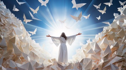 Ascensión de Jesucristo. hijo de dios en el cielo. Arte papel origami - obrazy, fototapety, plakaty