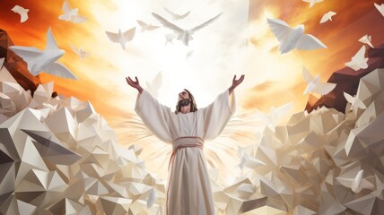 Ascensión de Jesucristo. hijo de dios en el cielo. Arte de papel, origami.