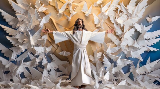 Ascensi&oacute;n de Jesucristo. hijo de dios en el cielo. Arte de papel, origami.