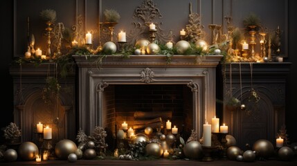 tinsel draped gracefully across a fireplace mantel fireplace with christmas decorations - obrazy, fototapety, plakaty