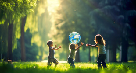 Group of children play with planet earth over defocused nature background with copy space. multiracial children holding world in hands against green spring background. Earth day concept.
