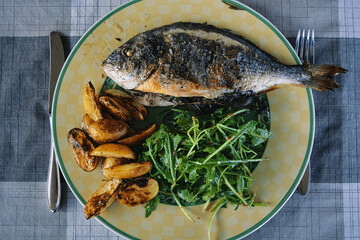 Bild von Dorade Fisch mit Kartoffeln und Rucolasalat, angerichtet auf einem Teller