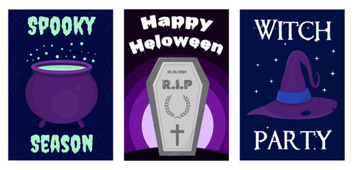 Halloween card set. Spooky postcards for Halloween. Witch's party. Spooky season. Happy Halloween.