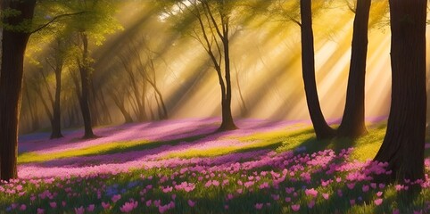 Morning sun in the forest. AI generated illustration