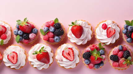 Cupcakes with sprinkles,  cakes with cream and fruits strawberry berries template background, Many...