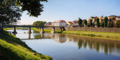 Obraz premium old town with river. embankment with linden trees in blossom. bridge and old buildings in the distance in morning light