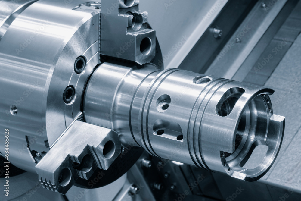 Poster metal machine tools industry. cnc turning machine high-speed cutting is operation.