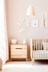 Neutral colored nursery interior with a calming and minimalist vibe. Generative AI.