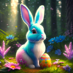 Easter Whimsy: Colorful Bunny's Forest Adventure. AI Generative, Midjourney.