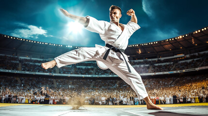 Fototapeta na wymiar Karateka in dynamic motion executes a high kick, surrounded by an enthusiastic audience at the stadium. World Karate Championship. Banner. Generative Ai content