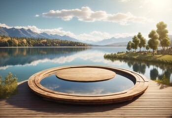 A circle wooden platform with a lake in the background