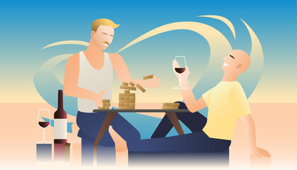 Two gay people are playing a game and sipping wine with love pride lgbtq+ and concept