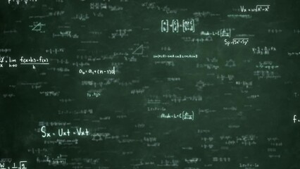 Abstract Physics equation concept, Mathematics calculation, Sciences formula, arithmetic and handwritten geometry symbol, handwriting chalk study on green board background, 3d rendering - Powered by Adobe