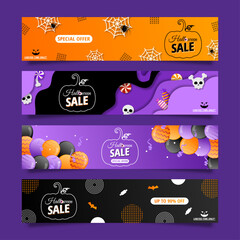 Halloween sale cards, banner, flyer, background. A set of colorful posters with balloons and frames. Template for congratulations. Vector illustration in a paper cut style. Place for text.