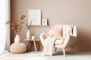 A comfortable and cozy interior in beige colors with a plush armchair. Generative AI. - obrazy, fototapety, plakaty