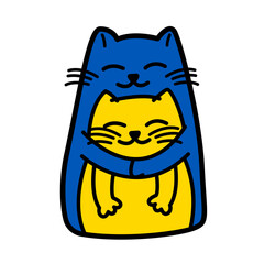Vector illustration of two hugging cats in Ukrainian colors
