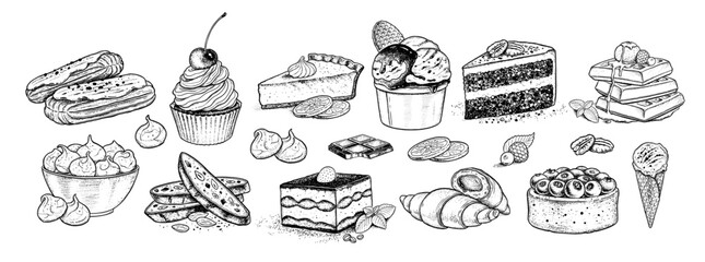 Sketh icons vintage vector illustrations collection of desserts and bakery