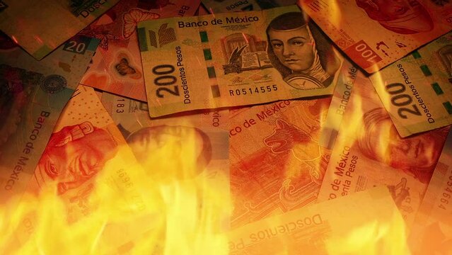 Mexican Banknotes In Fire Economy Concept
