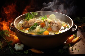 A bowl of steaming chicken soup with carrots, celery, and onions. The soup is simmering on a wooden table.
