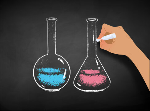 Vector illustration of hand drawing chemical flasks with chalk on chalkboard background