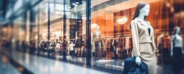 Blurred background of a modern shopping mall with mannequins in fashion shopfront. Abstract motion blurred outlet can use as background. Generative AI.