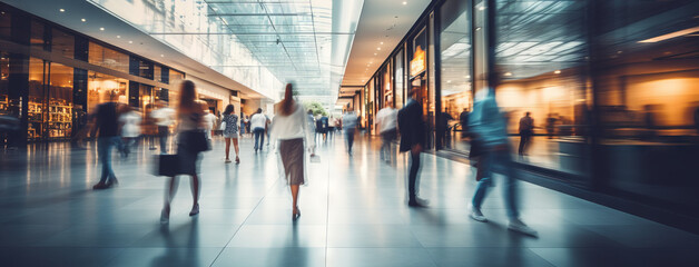 Blurred background of a modern shopping mall with some shoppers. Shoppers walking at shopping center, motion blur. Abstract motion blurred shoppers. Generative AI. - obrazy, fototapety, plakaty