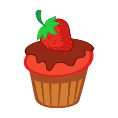 Strawberry cupcake with berry vector illustration. Cartoon drawing or sticker of tea time element isolated on white background. Desserts, pastry concept