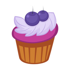 Blueberry cupcake with berries and cream vector illustration. Cartoon drawing or sticker of tea time element isolated on white background. Desserts, pastry concept