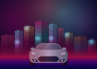 Racing Car or Sports Car in a Modern City. Futuristic Concept. Vector Illustration. 