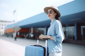 Young woman with a suitcase at the train station or at the airport