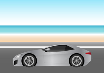 Super Car Driving along the Coastal Road Passing  Sea Beach or Ocean Beach. Holiday Summer Concept. Vector Illustration. 
