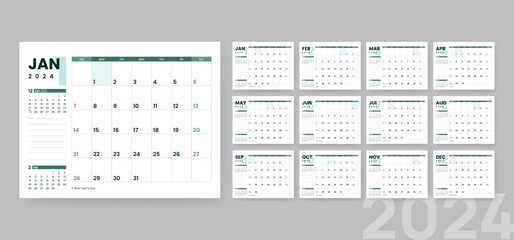 Horizontal monthly calendar template for 2024 year, Corporate templates design with lined for taking note, Vector calendar template