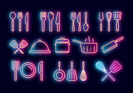 Neon effect Icon Designs for Kitchen Store, Gourmet Gadgets Vector Kitchen Store Icons, Culinary Creations Kitchen Store Icons Collection