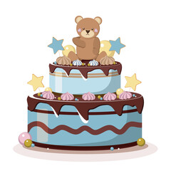 Vector birthday cake with bear. Big children cake  on white background.