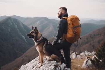 Young man is hiking with his dog in the mountains. Traveling with pets concept.