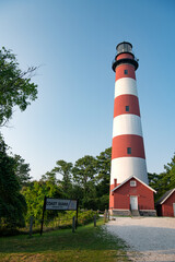 Marine Lighthouse on Chincoteague Island in Virginia. Against the background of the blue sky.