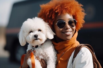 Happy young African American woman is holding her Bichon Frise dog on her hands and walking in the street