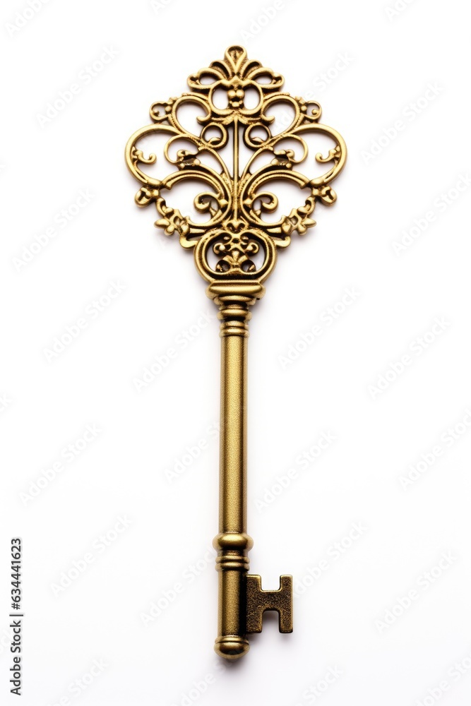 Poster a golden key with a filigree design on it. digital image.