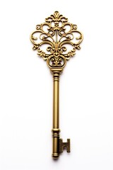 A golden key with a filigree design on it. Digital image.